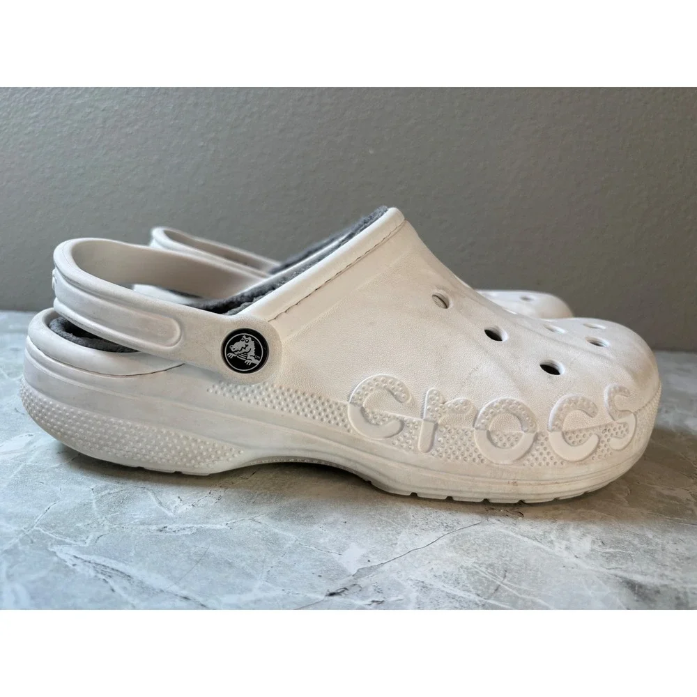 Crocs Baya Lined Clogs Mens Size 9 White Grey Fleece Insulated Slip On Shoes